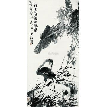 李苦禅甲申夏四月（1944）作绿天蕉雨玲珑风立轴字画之家