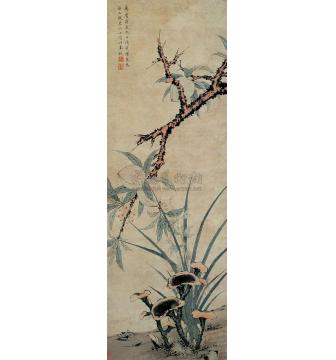 陈粲一五八〇年作兰芝寿桃立轴