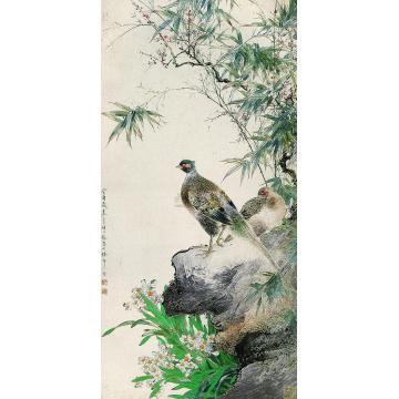 颜伯龙1933年作竹林稚鸡图镜心