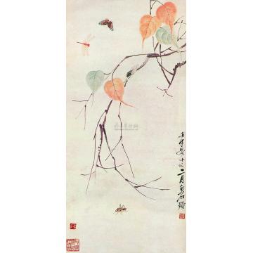 齐白石壬午(1942年)作贝叶草虫镜心