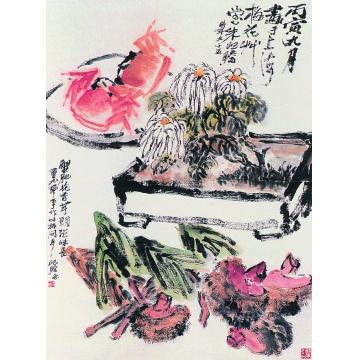 朱屺瞻丙寅(1986年)作蟹肥花香立轴