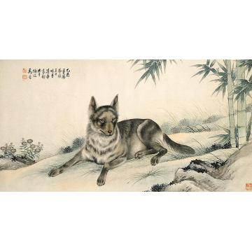 马晋竹石卧犬横幅字画之家