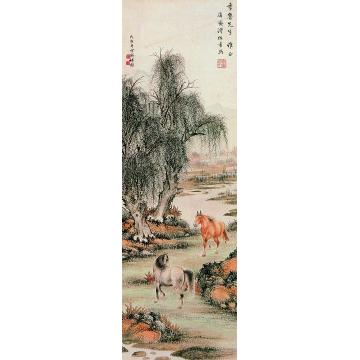 溥佐溥伒戊寅（1938）年作柳荫双骏图立轴字画之家