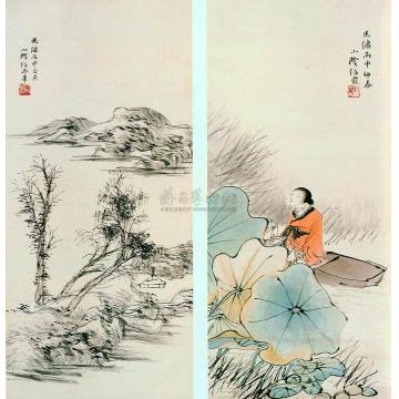 任霞光绪丙申（1896）年作山居图荷塘仕女图立轴字画之家