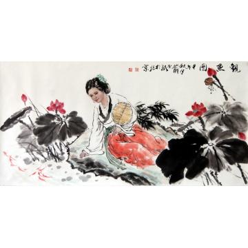 薛丕显国画人物观鱼图字画之家