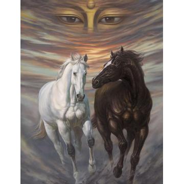 吴欢国画动物白马+黑马字画之家