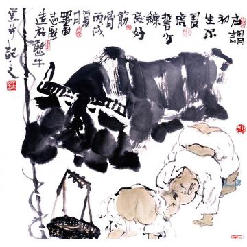 王志坚国画动物出生牛犊不畏虎字画之家