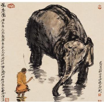 寇月朋国画动物洗尘图2字画之家