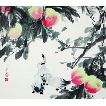 王易霓国画花鸟红桃树下字画之家