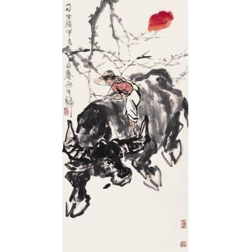 吴祖郊国画动物日出骑牛字画之家