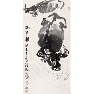 吴祖郊国画动物浴牛图字画之家