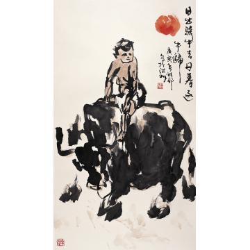 吴祖郊国画动物日出骑牛字画之家
