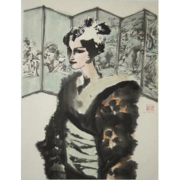 周刚国画人物4 和服 (私人藏 ) Kimono 1987 Encre sur papier 45 X 34字画之家
