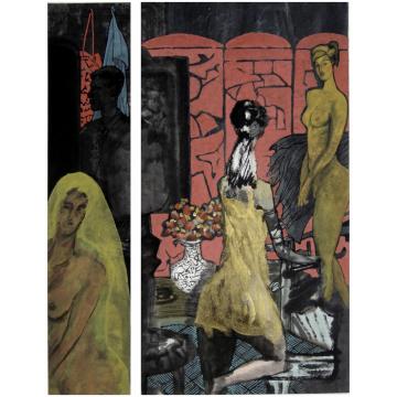 周刚国画人物黑夜里的红屏风字画之家