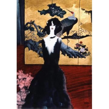 周刚国画人物金屏风前的女人字画之家