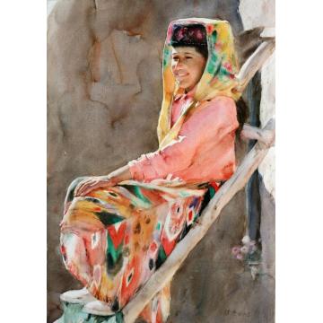 关维兴国画人物Girl Sitting on the L字画之家