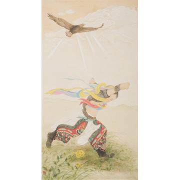 罗灿国画人物草原小勇士字画之家