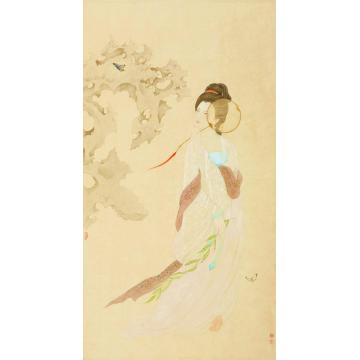 罗灿国画人物蝶舞图字画之家