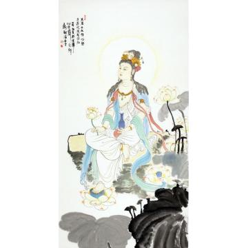 孟刚国画人物芙蓉出水禅心静，具叶迎风字画之家