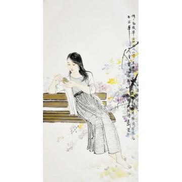孟刚国画人物微风轻吹紫藤花（一）字画之家