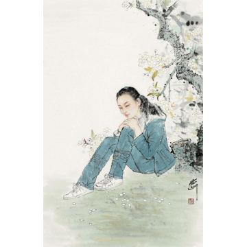 孟刚国画人物闲坐花荫香满衣字画之家