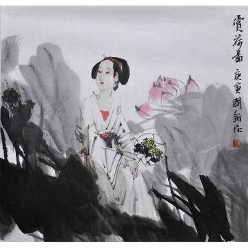 杨国新国画人物赏荷图字画之家