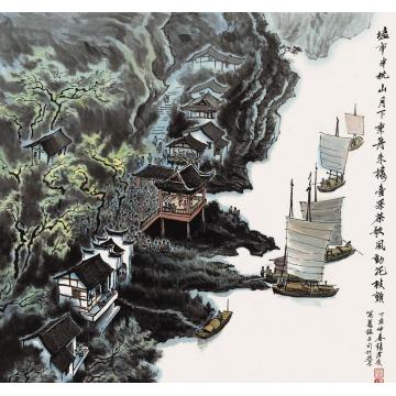 张孝友国画山水月下舞台字画之家