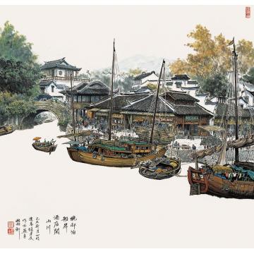 张孝友国画山水岸边的船字画之家