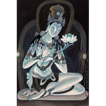 张孝友国画人物持白莲天女字画之家