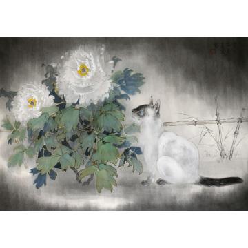 刘孟宽国画花鸟牡丹和猫字画之家