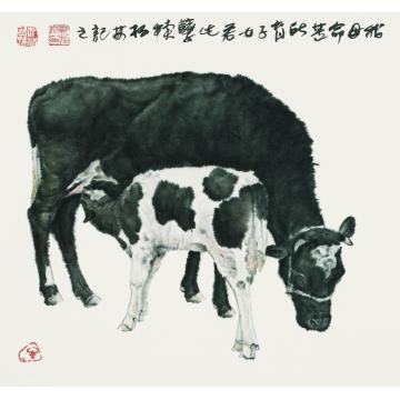 郑柏林国画动物《育犊》字画之家