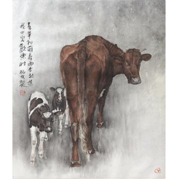 郑柏林国画动物《青草初萌 春雨乍起是我牛儿欢乐时》字画之家