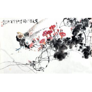 林汉国国画花鸟双觅食心自开字画之家