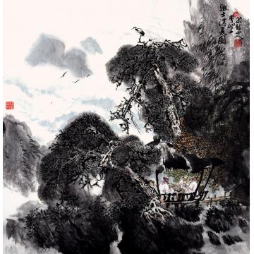 吴膺群国画山水雅士消夏图字画之家
