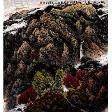 吴膺群国画山水枫红秋霜天字画之家