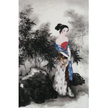 夏培民国画人物竹影图字画之家