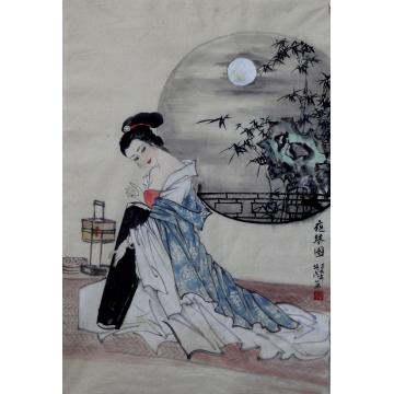 夏培民国画人物夜琴图字画之家