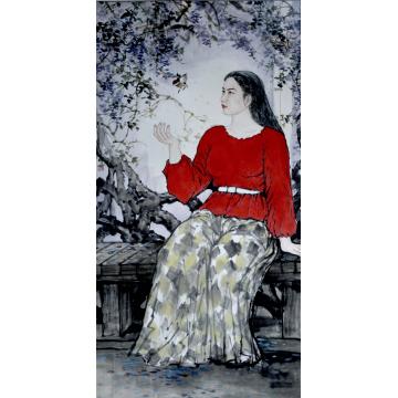 夏培民国画人物红衣女孩字画之家