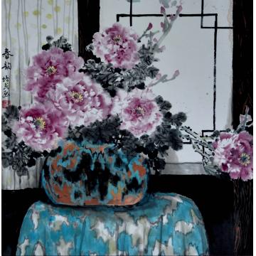 夏培民国画花鸟窗前牡丹字画之家