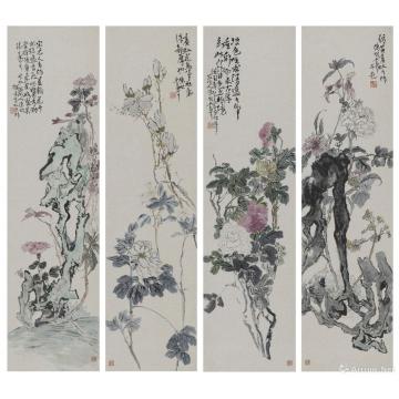 陈昭国画花鸟仿黄宾虹笔意四条屏字画之家