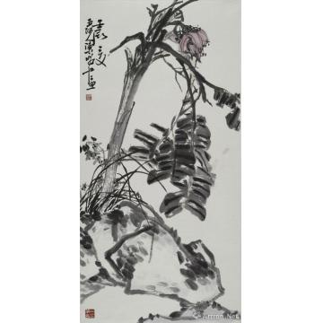 陈昭国画花鸟兰石芭蕉花图轴字画之家