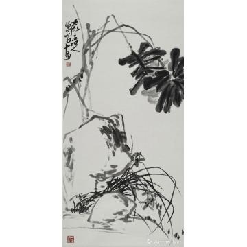 陈昭国画花鸟龟背兰石图轴字画之家