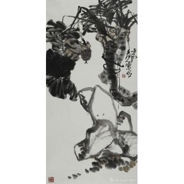 陈昭国画花鸟海芋顽石图轴字画之家