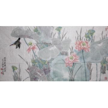 张建明国画花鸟风展碧莲入荷池字画之家