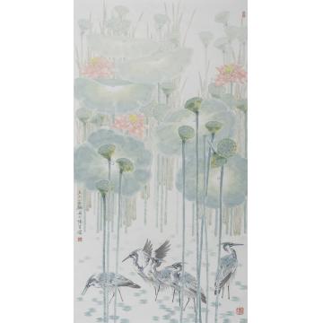 张建明国画花鸟《荷塘鹭影》字画之家
