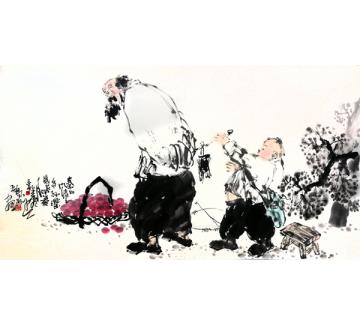 王鸣放国画人物《秦川风情·爷孙乐》字画之家