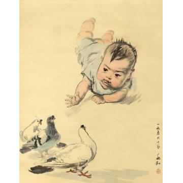 蒋兆和国画人物小孩与鸽字画之家