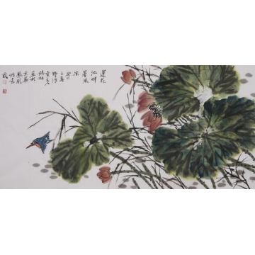 潘锡林国画花鸟莲花池畔暑风凉字画之家