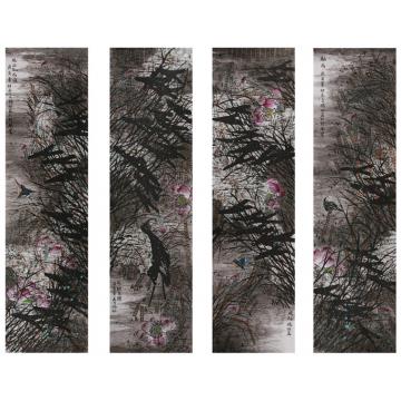 潘锡林国画花鸟荷塘四条屏字画之家