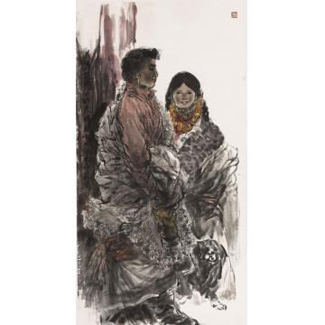 李秀峰国画人物寺院门口的夫妇字画之家